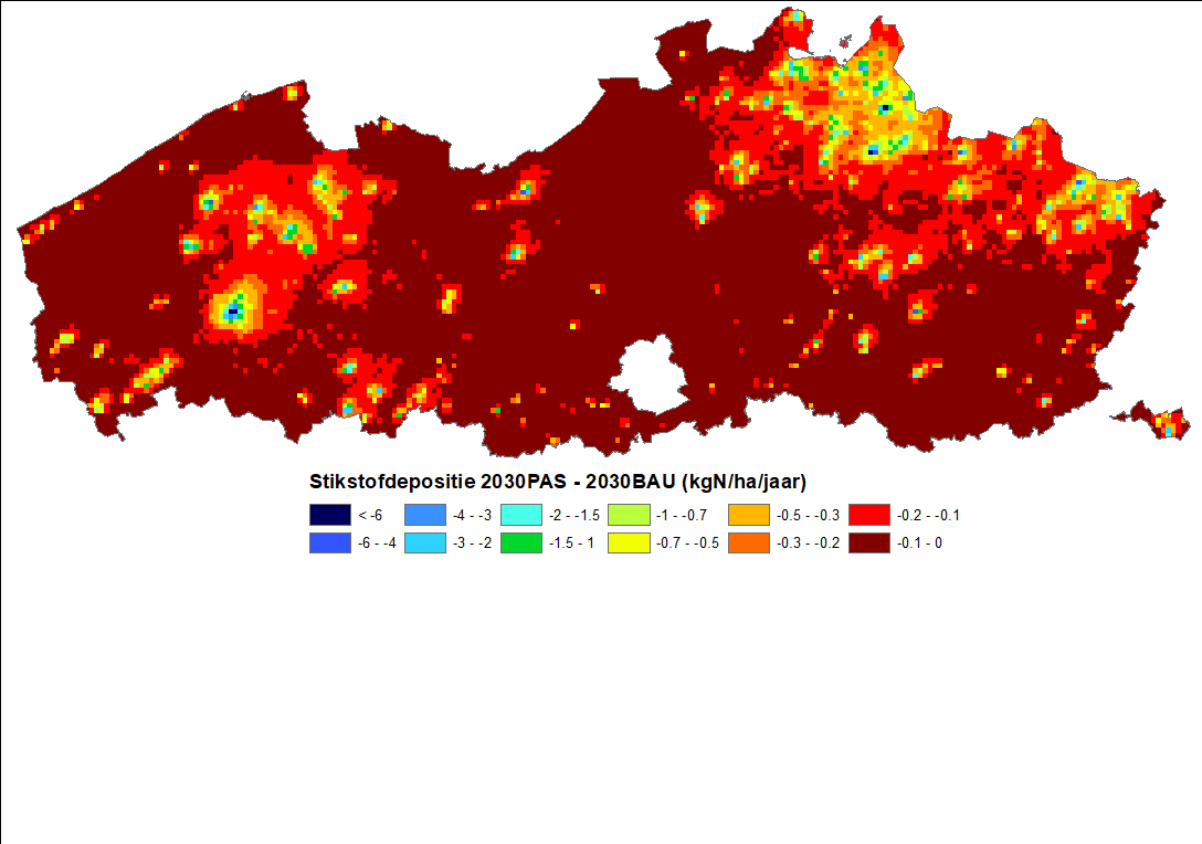 Difference in nitrogen deposition between a policy scenario and the business-as-usual scenario for 2030.