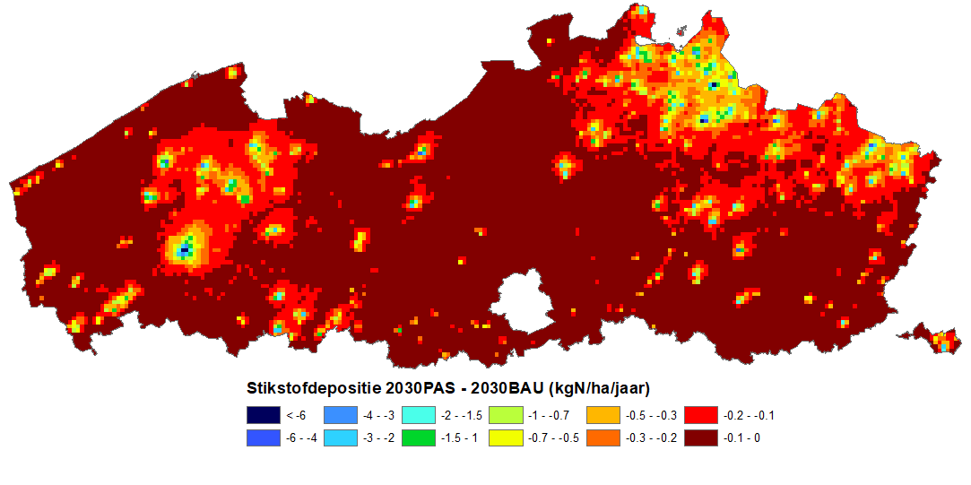 Difference in nitrogen deposition between a policy scenario and the business-as-usual scenario for 2030.